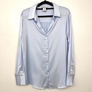 Cupcakes and Cashmere Satin Blouse Baby Blue Button Front Women’s M
